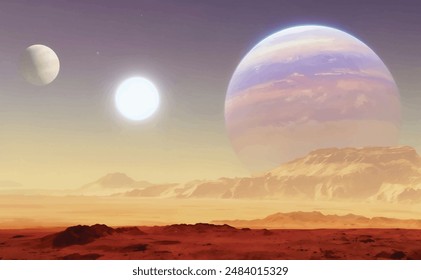 Realistische Vektorillustration eines Science-Fiction-Planeten mit blauem, violettem und gelbem Himmel mit Sonne, Sternen, Mond, rotem Fels und Sandfläche und Bergen in der Ferne