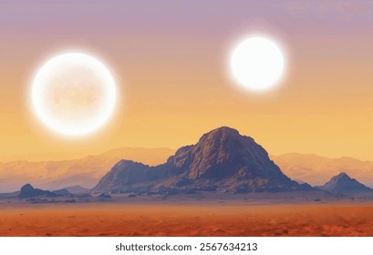 realistic vector illustration of cinematic science fiction planet with blue, purple, yellow and orange sky with two suns, sunlight, red rock and sand desert surface and mountains in the distance