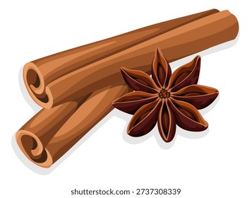 Realistic vector illustration of cinnamon sticks and star anise, top view, aromatic spices, isolated on transparent background