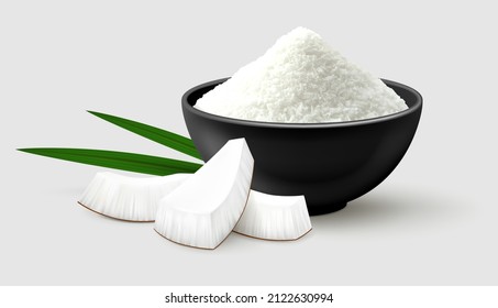 Realistic vector illustration of coconut flakes in a black bowl, three pieces of coco and palm leaves. Isolated on gray background. Side view. 