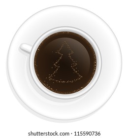 Realistic vector illustration of coffee cup with christmas tree decoration on coffee surface