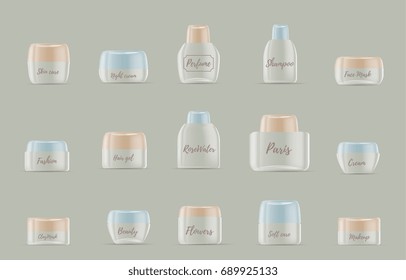 Realistic vector illustration of collection of beautiful cosmetic transparent empty cream container, jar and bottle for lotion, shampoo, cream, mouthwash. Mock up of 3d plastic container packaging