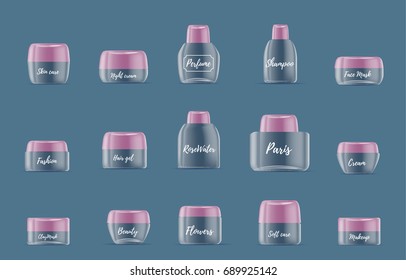 Realistic vector illustration of collection of beautiful cosmetic transparent empty cream container, jar, bottle for lotion, shampoo, cream, mouthwash. Plastic packaging with label mock up 3d design 