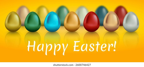 A realistic vector illustration of colorful metallic Easter eggs arranged in a straight row on a vibrant yellow background. Ideal for Easter-themed designs, greeting cards, and holiday decorations