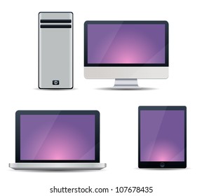 Realistic vector illustration of computer, notebook and tablet PC