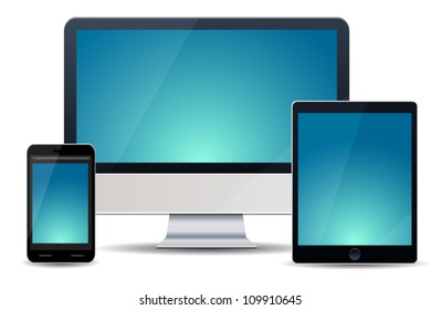 Realistic vector illustration of computer, notebook and phone isolated on background