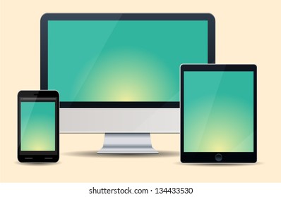 Realistic vector illustration of computer, notebook and phone isolated on background