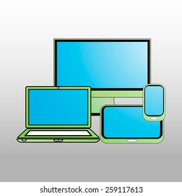 Realistic vector illustration of computer, notebook and phone isolated on background