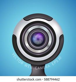 Realistic Vector Illustration Of Computer Web Camera Isolated On Blue Background