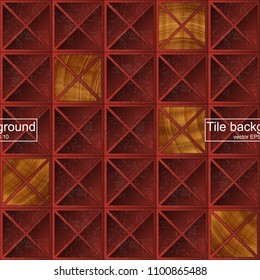 Realistic vector illustration of concrete 3D tiles with piece of wood. Seamless pattern design. Picture for background. Industrial shape of concrete. Color of concrete is red.