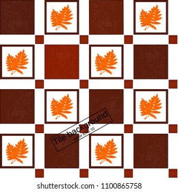 Realistic vector illustration of concrete 3D tiles with orange leaf. Seamless pattern design. Picture for background. Color of concrete is red.