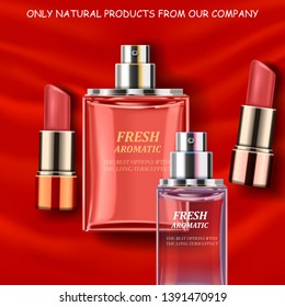 Realistic vector illustration. Cosmetic bottle with lipstick on drapery red background. Natural product. Cosmetic concept.