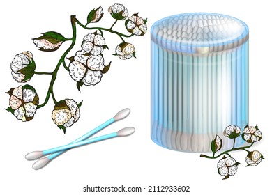 Realistic vector illustration of the cotton buds plastic container and flowers Cotton. Cotton swab stick. Tool for cleaning wax and personal care of the ears.