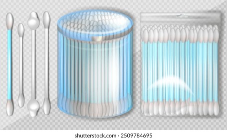 Ilustración vectorial realista del envase plástico de los brotes del algodón y del hisopo del algodón en palillo. Colección de diferentes formas de bastoncillos de algodón