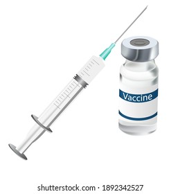 Realistic vector illustration for covid-19 vaccine, universal flu vaccine. Vaccine and syringe