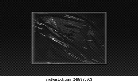 Realistic vector illustration of crumpled plastic packaging. Rectangular shaped plastic bag design for CD cover with transparent texture on isolated black background.