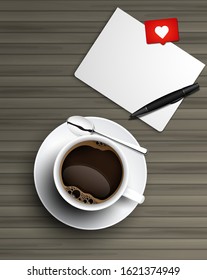 Realistic vector illustration cup of black coffee with spoon and saucer top view and note paper isolated on wooden background.