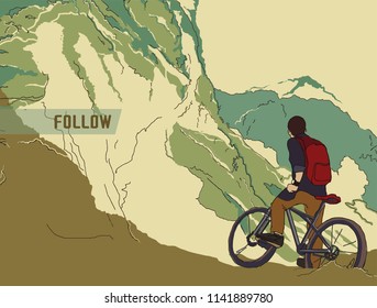 Realistic vector illustration  of cyclist going uphill