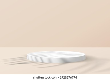 Realistic vector illustration with cylinder white podium and palm leaf shadow on a beige background. The minimalist scene for advertising banners. Product presentation mockup.