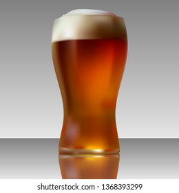 Realistic vector illustration of dark beer in a glass goblet with reflection. On a light gray background and on a glass surface