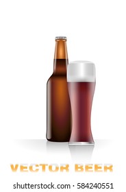 Realistic vector illustration of dark beer bottle and glass