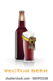 Realistic vector illustration of dark beer bottle and glass with black and gold quality seal
