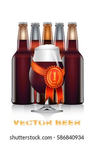 Realistic vector illustration of dark beer bottles in a row and glass with red and gold competition seal