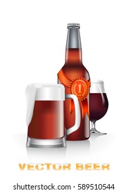 Realistic vector illustration of dark beer bottle with red and gold quality seal and beer glass and mug