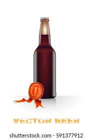 Realistic vector illustration of dark beer bottle with red and gold perfection grade mark. Objects are set in groups for better convenience.