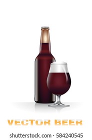 Realistic vector illustration of dark brown beer bottle and glass