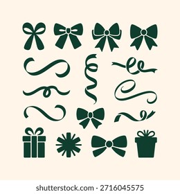 Ilustração vetorial realista de um arco de presente de Natal de cetim verde escuro e fita. Elemento de design elegante e de luxo isolado em um fundo branco para anúncios de feriado, aniversário ou venda.