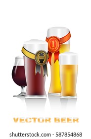 Realistic vector illustration of dark and light beer glasses with red and black and gold award marks