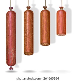 Realistic vector illustration of delicious sausages and salami hanging on the ropes.