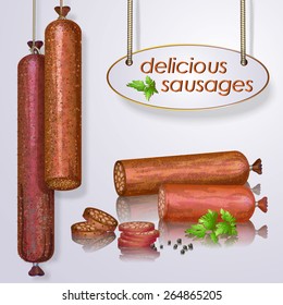 Realistic vector illustration of delicious sausages and salami hanging on the ropes and cut into slices with herbs and black pepper.