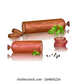 Realistic vector illustration of delicious sausages and salami, sliced slices with herbs and black pepper