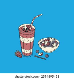 Realistic vector illustration of delicious smoothies in vibrant colors. Perfect for menus, advertisements, and food-related designs. High-quality and fully scalable.