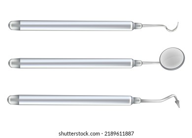 Realistische Vektorgrafik Dentalskalender-Tool. Zahnstocher einzeln auf weißem Hintergrund., Sickle Probe, Mouth Mirror, Scaler.