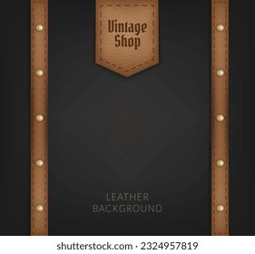 Realistic vector illustration of a detailed leather patch with blank space for advertising, perfect for vintage clothing and retail designs. Black background. Vintage shop brown leather label.