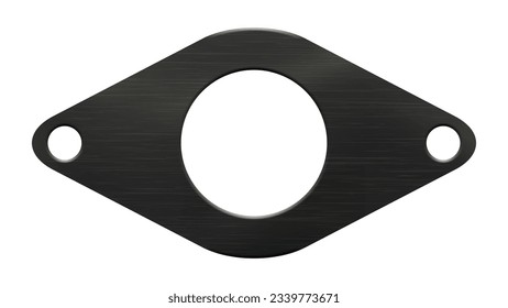 Realistic vector illustration of a diamond shaped black rubber gasket with two small and one large round hole. Technical product for the insulation of pipelines and vehicles in flanged connections.