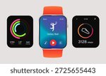 Realistic vector illustration digital smartwatch orange strap volleyball sport tracking interface activity rings showing steps and calories data wearable for fitness application