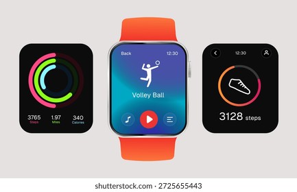 Realistic vector illustration digital smartwatch orange strap volleyball sport tracking interface activity rings showing steps and calories data wearable for fitness application