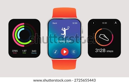 Realistic vector illustration digital smartwatch orange strap volleyball sport tracking interface activity rings showing steps and calories data wearable for fitness application