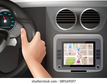 Realistic Vector Illustration Of Driver Hands Holding Steering Wheel With Gps Navigator In  Cockpit Car Panel