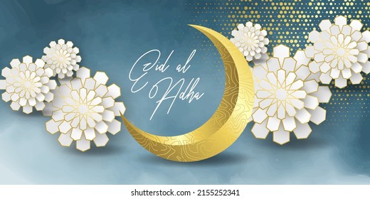 Realistic vector illustration Eid al-Adha (Feast of the Sacrifice). Eid Mubarak greeting card design template for invitation, banner, poster with lamp, crescent, calligraphy. Eid Mubarak. Hijri