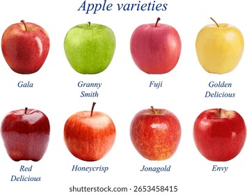 Realistic vector illustration of eight apple varieties: Gala, Granny Smith, Fuji, Golden Delicious, Red Delicious, Honeycrisp, Jonagold, and Envy. Detailed fruit set ideal for food and design themes