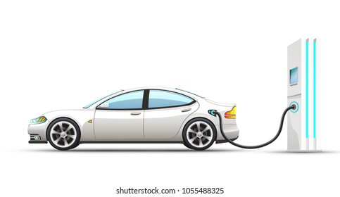 Realistic vector illustration of electric car with charger. Isolated illustrations on a white background.