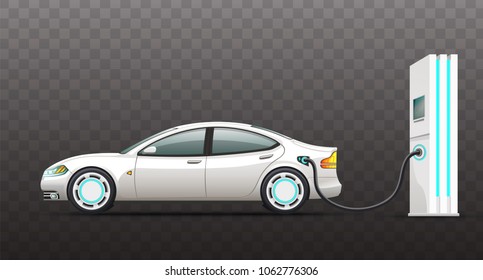 Realistic vector illustration of electric car with charger. Isolated illustrations on a white background.