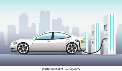 Realistic vector illustration of electric car with charger. Isolated illustrations on urban background.