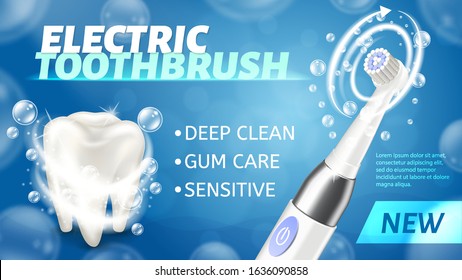 Realistic vector illustration of electric toothbrush. Teeth cleaning tools and oral care. Image depicting electric toothbrush and tooth with foaming toothpaste.