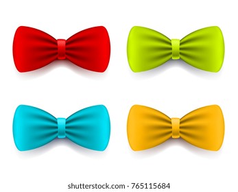 Realistic vector illustration of elegant bright color bow tie with shadow on white background. 3d design of classic bowtie set. Traditional fashion suit or costume element  for ceremony, party